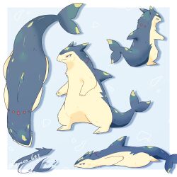 animal_hands animal_hood artist_name fins fish_tail from_above gen_2_pokemon highres hood multiple_views nintendo no_humans pokemon pokemon_(creature) shark shark_hood shark_tail souen_643 tail typhlosion