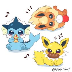 blue_eyes bread commentary cup disposable_cup drinking drinking_straw eating flareon food full_body gen_1_pokemon highres jolteon lying musical_note nintendo no_humans pizza pokemon pokemon_(creature) pup_pokemon purple_eyes simple_background symbol-only_commentary twitter_username vaporeon white_background