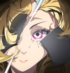 1girl absurdres blonde_hair broken_mask closed_mouth highres mask mask_over_one_eye one_eye_covered pink_eyes rzyy3243 trigger_(zenless_zone_zero) zenless_zone_zero