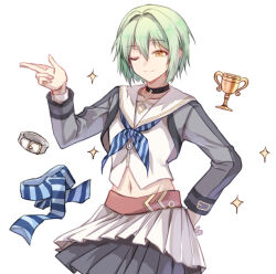 Rule 34 | 1boy, ao no kiseki, choker, collar, cowboy shot, crossdressing, crossdressing (mtf), double-parted bangs, eiyuu densetsu, finger gun, front zipper, green hair, hair between eyes, hair intakes, hand on own hip, midriff, navel, one eye closed, scarf, short hair, simple background, smile, solo, sparkle, trophy, wazy hemisphere, white background, willfin, yellow eyes, zero no kiseki