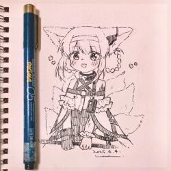 1girl :d animal_ears arknights art_tools_in_frame bare_shoulders blush dated flower_symbol gloves greyscale hair_rings hairband haru_(aona1122) hatching_(texture) holding infection_monitor_(arknights) linear_hatching looking_at_viewer material_growth monochrome multiple_tails open_mouth oripathy_lesion_(arknights) short_hair smile solo suzuran_(arknights) tail traditional_media