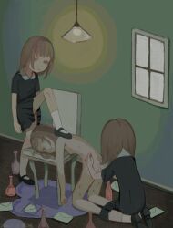 3girls black_dress black_shoes bottle brown_hair chair completely_nude drawing_(action) drawing_on_another dress envelope highres indoors kapura lamp long_hair mary_janes multiple_girls nude original shoes short_dress short_sleeves sitting socks standing stepped_on white_socks window