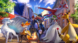 1boy alolan_form alolan_ninetales ampharos braixen dress fire forehead_jewel gardevoir gen_2_pokemon gen_3_pokemon gen_6_pokemon gen_7_pokemon greninja latias legendary_pokemon logan_cure mega_gardevoir mega_pokemon mega_stone nintendo pokemon pokemon_(creature) pokemon_xy standing stick wings