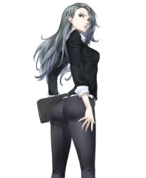 1girl arched_back ass belt black_shirt breasts brown_eyes earrings folder hair_behind_ear hair_ornament jewelry long_hair looking_back niijima_sae ozkh pants pantylines persona persona_5 shirt silver_hair solo tight_clothes tight_pants