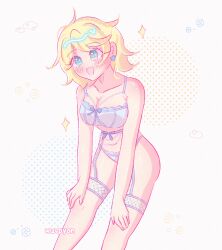 Rule 34 | 1girl, artist name, blue bra, blue eyes, blue ribbon, blush, bra, breasts, butters stotch, cleavage, collarbone, earrings, genderswap, genderswap (mtf), heart, heart-shaped pupils, heart earrings, jewelry, large breasts, marjorine, navel, open mouth, ribbon, rinrin (wuvpyon), short hair, signature, smile, solo, south park, sparkle, symbol-shaped pupils, underwear
