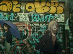 2girls 5114ave absurdres bicycle black_hair black_jacket blonde_hair breasts cleavage commentary_request garage graffiti highres holding holding_umbrella jacket long_hair long_sleeves looking_at_viewer multiple_girls open_mouth original outdoors rain smile umbrella