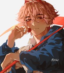1boy absurdres black_necktie blue_hoodie candy chainsaw_man closed_mouth collared_shirt demon_boy demon_horns food genderswap genderswap_(ftm) grey_background hair_between_eyes highres holding holding_candy holding_food holding_lollipop holding_scythe hood hoodie horns kynlv lollipop looking_at_viewer male_focus necktie pink_hair power_(chainsaw_man) red_eyes red_horns scythe shirt simple_background solo twitter_username unworn_hoodie upper_body white_shirt