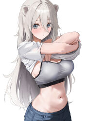 1girl ahoge animal_ear_piercing animal_ears blue_pants blush bra breasts cleavage clothes_lift commentary denim double-parted_bangs grey_bra grey_eyes grey_hair hair_between_eyes haro_art highres hololive jeans large_breasts lion_ears lion_tail long_hair long_hair_between_eyes looking_at_viewer messy_hair navel open_mouth pants shirt shirt_lift shishiro_botan simple_background solo t-shirt tail underwear undressing virtual_youtuber white_background white_shirt