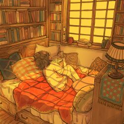 1girl bed blanket book bookshelf brown_hair coffee_mug commentary commentary_request cup drawer english_commentary facing_away from_behind hair_bun half_updo highres holding holding_book indoors knees_up lamp lying medium_hair mixed-language_commentary mug note on_bed on_side original pile_of_books pillow port_(portzzz) procreate_(medium) reading shirt short_sleeves shorts slice_of_life solo t-shirt tape teabag warm_colored wide_shot window window_shadow windowsill wooden_floor yellow_theme