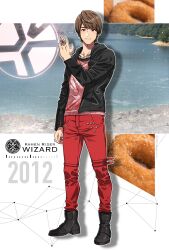 1010_mumumu 1boy 2012 animification black_footwear black_jacket brown_eyes brown_hair copyright_name denim donut food forest highres jacket jeans jewelry kamen_rider kamen_rider_wizard_(series) male_focus nature ocean open_hand pants photo_background red_eyes red_pants short_hair souma_haruto standing wizard