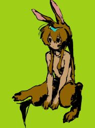 1girl :/ alternate_eye_color amiya_(arknights) animal_ears animal_hands animal_legs arknights black_eyes body_fur breasts brown_fur brown_hair closed_mouth commentary_request expressionless full_body green_background hair_over_breasts highres invisible_chair knee_up long_hair monster_girl ponytail rabbit_ears rabbit_girl rabbit_paws sidelocks simple_background sitting small_breasts solo topless_female umiyama_ako v_arms
