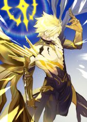 Rule 34 | 1boy, absurdres, asymmetrical wings, blonde hair, blue sky, clawed gauntlets, cracked skin, floating, hair between eyes, hair over eyes, halo, halo behind head, hand up, hashtag-only commentary, highres, hip armor, honkai: star rail, honkai (series), male focus, material growth, parted lips, pectorals, phainon (honkai: star rail), short hair, sky, solo, topless male, toriumu, waist cape, wings, yellow halo