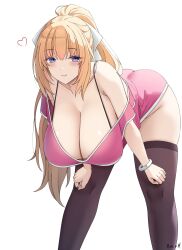 Rule 34 | bent over, black thighhighs, blonde hair, bracelet, breasts, choujigen game neptune, cleavage, closed mouth, collarbone, dress, hair between eyes, hair ribbon, hand on own knee, heart, highres, jewelry, keenh, large breasts, looking at viewer, male focus, neptune (series), pink dress, ponytail, purple eyes, ribbon, sidelocks, simple background, smile, thighhighs, vert (neptunia), white background