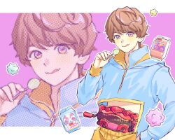 Rule 34 | 1boy, :d, blue hoodie, brown hair, candy, food, gochizo, henshin belt gavv, highres, holding, holding candy, holding food, holding lollipop, hood, hoodie, inoue shouma, kamen rider, kamen rider gavv (series), lollipop, male focus, open mouth, oresanjyo, purple eyes, rider belt, short hair, smile, solo, tokusatsu