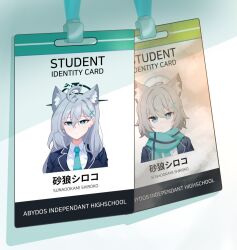 1girl ahoge animal_ear_fluff animal_ears before_and_after black_halo blue_archive blue_eyes blue_scarf breasts broken_halo cosplay cross cross_hair_ornament dark_halo dark_persona english_text engrish_text extra_ears foreclosure_task_force_(blue_archive) grey_hair hair_between_eyes hair_ornament halo id_card inverted_cross jacket long_hair looking_at_viewer medium_breasts mismatched_pupils ranguage scarf school_uniform shiroko_(blue_archive) shiroko_(blue_archive)_(cosplay) shiroko_terror_(blue_archive) short_hair skyrain315 wolf_ears wolf_girl