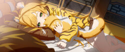 1girl absurdres alternate_costume animal_ears animal_print barefoot blonde_hair green_eyes highres hugging_own_tail hugging_tail ju_fufu long_hair looking_at_viewer lying multicolored_hair no_pants on_side solo tail tiger_ears tiger_girl tiger_print tiger_tail two-tone_hair white_hair yanagino_(yanagino3) zenless_zone_zero