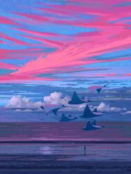 1other absurdres beach cloud cloudy_sky commentary english_commentary evening fangpeii fish flying_fish highres horizon landscape manta_ray ocean original reflection scenery sky sunset very_wide_shot walking
