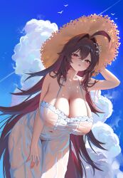 1girl absurdres ahoge arm_up armpits bad_id bad_pixiv_id bare_shoulders bent_over blue_sky blush breasts brown_hair cleavage cloud commentary commission covered_erect_nipples covered_navel dress hair_between_eyes hanging_breasts hat highres huge_breasts large_breasts long_hair looking_at_viewer navel nipples original purple_hair red_eyes see-through_clothes seoki_(hi3031) sky sleeveless sleeveless_dress solo straw_hat symbol-only_commentary very_long_hair wet wet_clothes