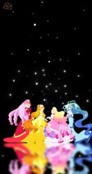 absurdly_long_hair absurdres akagi_towa amanogawa_kirara aqua_hair beads black_background blonde_hair blue_dress blue_hair bow bridal_gauntlets brown_hair chinese_commentary commentary_request cure_flora cure_flora_(mode_elegant) cure_mermaid cure_mermaid_(mode_elegant) cure_scarlet cure_scarlet_(mode_elegant) cure_twinkle cure_twinkle_(mode_elegant) dress dress_bow dress_flower earrings faceless faceless_female flower flower_earrings from_side gloves go!_princess_precure gold_tiara gown gradient_hair hair_bun hair_ornament hair_ribbon hair_tie half_updo haruno_haruka highres jewelry kaidou_minami long_dress long_hair low_twintails magical_girl moshanghuakai multicolored_hair necklace pearl_necklace pink_bow pink_dress pink_hair precure puffy_short_sleeves puffy_sleeves red_dress red_hair reflective_floor ribbon ringlets shell shell_earrings short_sleeves single_hair_bun snowing standing streaked_hair twintails two_side_up very_long_hair wavy_hair white_bridal_gauntlets white_gloves white_sleeves wing_hair_ornament yellow_dress