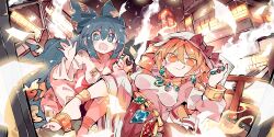 2girls :q anklet bad_tag blue_bow blue_eyes blue_hair blush bow bracelet breasts cityscape closed_mouth commentary dress drill_hair earrings english_commentary game_cg gold hair_between_eyes hair_bow hat hat_bow highres jewelry long_hair long_sleeves looking_at_viewer massakasama multiple_girls multiple_rings official_alternate_costume official_art open_mouth orange_eyes orange_hair outdoors pendant purple_nails red_bow ring siblings sisters smile sunken_fossil_world third-party_source toes tongue tongue_out touhou touhou_lostword twin_drills very_long_hair white_dress white_hat yorigami_jo&#039;on yorigami_shion