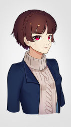 1girl absurdres artist_name artist_request blue_jacket blush braid breasts breath brown_hair brown_sweater buttons closed_mouth collared_jacket cropped_arms cropped_torso crown_braid female_focus grey_background grey_sweater highres horikkita jacket long_sleeves looking_at_viewer medium_breasts niijima_makoto open_clothes open_jacket parted_lips persona persona_5 persona_5_the_royal red_eyes red_lips ribbed_sweater short_hair simple_background sketch smile solo sweater turtleneck turtleneck_sweater unbuttoned upper_body