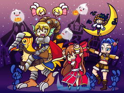 1boy 5girls angel angeling animal animal_on_head armor armored_boots arms_up arrow_(projectile) bird black_cat black_shoes blonde_hair blue_eyes blue_hair boots bow bow_(weapon) breastplate brown_boots brown_eyes brown_gloves brown_hair brown_shirt brown_shorts cat cat_on_head closed_mouth commentary_request crop_top drawing_bow dress fins frilled_thigh_strap full_body fur-trimmed_shirt fur-trimmed_shorts fur_trim ghost gloves hair_bow hair_intakes head_fins heirozoist high_priest_(ragnarok_online) holding holding_bow_(weapon) holding_weapon juliet_sleeves loli_ruri long_hair long_sleeves lord_knight_(ragnarok_online) lude_(ragnarok_online) makipoco midriff multiple_girls navel on_crescent on_head open_mouth peco_peco pointy_ears puffy_sleeves purple_sky ragnarok_online red_bow red_dress riding riding_bird sash shirt shoes short_hair shorts sky sleeveless sleeveless_shirt smile sniper_(ragnarok_online) star_(sky) starry_sky stuffed_animal stuffed_rabbit stuffed_toy thigh_strap triangular_headpiece two-tone_shorts weapon white_sash yellow_eyes
