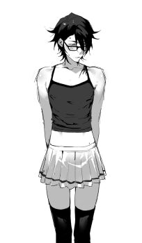 1boy alternate_costume collarbone crossdressing crossdressing_(mtf) embarrassed facing_to_the_side fushimi_saruhiko glasses greyscale highres k-project male_focus monochrome short_hair simple_background skinny skirt solo standing thighhighs treslech3s white_background