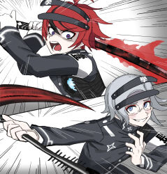 2boys ahoge aotsuki_eito armband black_hair black_shirt blue_eyes blush glasses gradient_background grey_background grin highres holding holding_scythe holding_sword holding_weapon last_defense_academy_school_uniform long_sleeves male_focus messy_hair multicolored_eyes multicolored_hair multiple_boys open_mouth red_eyes red_hair scythe shirt smile sumino_takumi sword teeth the_hundred_line_-last_defense_academy- tongue upper_body weapon white_background white_hair