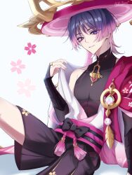 Rule 34 | 1boy, absurdres, alternate color, alternate hair color, anemo symbol (genshin impact), arm at side, armor, armpit crease, belt, bishounen, black belt, black bodysuit, black bow, black bridal gauntlets, black eyes, black hair, black shorts, blue gemstone, blunt ends, bodysuit, bow, bridal gauntlets, bright pupils, cape, collar tug, colored tips, covered collarbone, eyeliner, eyeshadow, feathers, fingernails, floral print cape, gem, genshin impact, gold, gold ring, hakama, hakama shorts, hand up, hat, heart, highres, hip vent, japanese armor, japanese clothes, jingasa, juban, kimono, kote, kurokote, looking at viewer, makeup, male focus, mandarin collar, middle ring, multicolored hair, nicbuns, open clothes, open kimono, parted lips, pink cape, pink gemstone, pink hair, pink hat, pink kimono, pink rope, pink sash, pink theme, pleated shorts, pom pom (clothes), red eyeliner, red eyeshadow, rope, sash, scaramouche (genshin impact), shorts, shoulder peek, smile, solo, tassel, tsurime, twitter username, vision (genshin impact), wanderer (genshin impact), white kimono, white mouth, white pupils, white trim, wispy bangs, yellow feathers