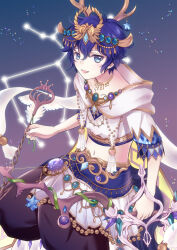 Rule 34 | 1boy, alice closet, bishounen, black shorts, blue eyes, blue gemstone, bow (weapon), collarbone, commentary request, feet out of frame, gem, hair between eyes, highres, holding, holding bow (weapon), holding weapon, looking at viewer, male focus, midriff, navel, open mouth, purple gemstone, purple hair, sagittarius (constellation), sagittarius (symbol), sagittarius (zodiac), shiikasan, shirt, short hair, short sleeves, shorts, smile, snowdrop (alice closet), solo, tassel, weapon, white shirt, zodiac