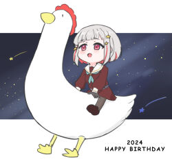 1girl 2024 :d aqua_neckerchief bird black_gloves black_pantyhose blush bob_cut brown_dress brown_shoes colored_inner_hair comic_sans commentary_request diagonal_bangs dress duck erobear full_body gloves grey_hair hair_ornament half_gloves happy_birthday hasu_no_sora_school_uniform highres inverted_bob letterboxed link!_like!_love_live! loafers long_sleeves love_live! medium_dress multicolored_hair neckerchief open_mouth outside_border pantyhose pleated_dress red_eyes red_hair riding riding_bird sailor_collar sailor_dress school_uniform shoes short_hair smile solo star_(sky) star_(symbol) star_hair_ornament starry_sky_background streaked_hair virtual_youtuber white_sailor_collar winter_uniform yugiri_tsuzuri