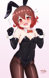 1girl @_@ alternate_costume animal_ears black_gloves black_hairband black_leotard black_pantyhose blush bow bowtie breasts brown_hair covered_navel detached_collar elbow_gloves fake_animal_ears gloves gradient_hair hair_between_eyes hairband highleg highleg_leotard highres kantai_collection leotard multicolored_hair mutsuki_(kancolle) nose_blush open_mouth pantyhose playboy_bunny rabbit_ears red_bow red_bowtie red_hair short_hair small_breasts solo strapless strapless_leotard white_wrist_cuffs wrist_cuffs zanne