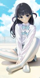 1girl absurdres aqua_bow aqua_bowtie barefoot basori_tiara black_hair blue_eyes blue_sky blush bow bowtie closed_mouth cloud cloudy_sky day grey_skirt highres long_hair long_sleeves looking_at_viewer make_heroine_ga_oo_sugiru! mole mole_on_thigh mole_under_mouth outdoors pleated_skirt railing rooftop school_uniform shirt sitting skirt sky soles solo songchuan_li striped_clothes striped_thighhighs thighhighs thighs toes tsuwabuki_high_school_uniform two-tone_thighhighs two_side_up v_arms vertical-striped_clothes vertical-striped_thighhighs white_bow white_bowtie white_shirt