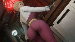1girl ass bar bartender bent_over blonde_hair blue_eyes bottle breasts curvy drink earrings female_focus formal_clothes from_behind guakghad huge_ass jewelry king_(snk) large_breasts leaning_forward long_sleeves looking_at_viewer looking_back pale_skin pants shirt short_hair standing suit the_king_of_fighters thick_thighs thighs tuxedo white_shirt wide_hips