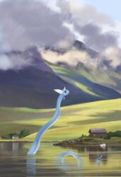 Rule 34 | blue skin, building, cloud, colored skin, dragonair, gen 1 pokemon, grass, head wings, highres, horns, house, lake, mountainous horizon, nintendo, no humans, outdoors, pokemon, pokemon (creature), single horn, solo, spacecrow63, water, wings