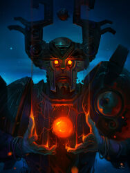Rule 34 | 1other, absurdres, armor, aurora, black armor, dredge (banner saga), energy orb, fake horns, full armor, glowing, glowing eyes, haryarti, helmet, highres, holding orb, horned helmet, horns, looking at viewer, magic, night, night sky, orb, promotional art, shoulder armor, sky, tera orb, the banner saga