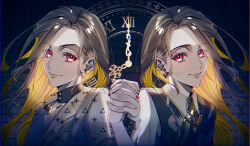 1boy absurdres bimigohan16 blonde_hair charisma_house clock dark_background hand_grab highres jacket long_hair long_sleeves looking_at_viewer multiple_views nail_polish parted_bangs print_jacket red_eyes red_nails shirt terra_(charisma_house) upper_body white_jacket white_shirt yellow_nails