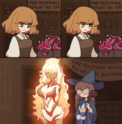 Rule 34 | 3girls, :3, absurdres, blush, breasts, brown hair, buying condoms, centurii-chan, coke-bottle glasses, comic, covered eyes, elemental (creature), embarrassed, english text, fire elemental, flame atronach, frown, glasses, green eyes, hair over eyes, hat, highres, implied yuri, jitome, large breasts, long hair, mage staff, medium hair, multiple girls, nervous, original, potion, realda (vibrantrida), shop, smile, staff, sweat, the elder scrolls, wizard, wizard hat