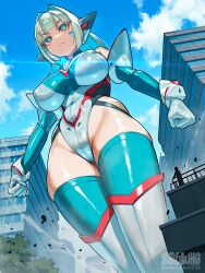 1boy 1girl bare_shoulders blue_eyes blue_leotard blue_thighhighs breasts chest_jewel commentary covered_erect_nipples cowboy_shot giant giantess grey_hair large_breasts leotard long_hair nikunopengin original outdoors solo solo_focus thighhighs