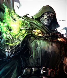 1boy armor artist_name cape doctor_doom green_cape helm helmet hood hood_up hooded_cape k-suwabe marvel simple_background solo upper_body white_background