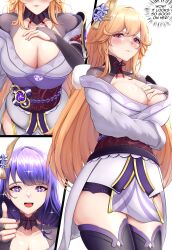 2girls absurdres azur_lane blonde_hair blush breasts cleavage collarbone cosplay costume_switch embarrassed english_text genshin_impact hair_ornament highres large_breasts looking_at_viewer medium_breasts multiple_girls musanix purple_hair raiden_shogun richelieu_(azur_lane) sparkling_eyes thick_thighs thighs thumbs_up