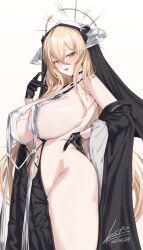 1girl azur_lane black_gloves black_veil blonde_hair breast_cutout breasts esto_0079 fake_horns gloves hair_between_eyes halo highres horns huge_breasts implacable_(azur_lane) long_bangs long_hair long_hair_between_eyes navel nun pelvic_curtain revealing_clothes simple_background solo veil very_long_hair white_background white_horns