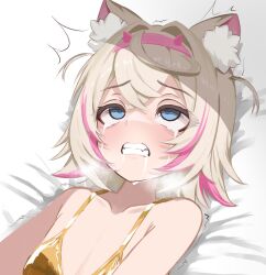 Rule 34 | 1girl, animal ear fluff, animal ears, bikini, blonde hair, blue eyes, crying, crying with eyes open, dog ears, dog girl, gold bikini, hairband, highres, hololive, hololive english, horn hairband, implied sex, lucien 000298, lying, mococo abyssgard, on back, pink hair, pink hairband, saliva, solo, swimsuit, tears, teeth, virtual youtuber
