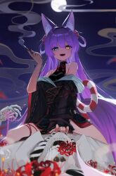 1girl absurdres ahoge animal_ears black_kimono blue_eyes flower fox_ears fox_girl fox_tail full_moon hair_ornament hair_rings heterochromia highres holding holding_smoking_pipe japanese_clothes kimono long_hair looking_at_viewer moon night night_sky pom_pom_(clothes) pom_pom_hair_ornament purple_hair purple_tail red_flower sky smgoodaa smoke smoking_pipe spider_lily stellive tail tenko_shibuki virtual_youtuber wide_sleeves yellow_eyes