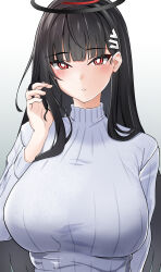1girl black_hair blue_archive blush breasts hair_ornament hairclip halo highres large_breasts long_hair looking_at_viewer parted_lips ribbed_sweater ringed_eyes rio_(blue_archive) solo sweater turtleneck turtleneck_sweater very_long_hair white_sweater yuuki_atori
