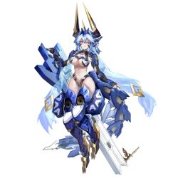 blue_hair dragon_girl dragon_horns fingerless_gloves full_body gloves hair_between_eyes hair_intakes headpiece highres horns long_hair looking_at_viewer low_twintails mecha_musume mechanical_legs mechanical_tail navel official_art purple_eyes revealing_clothes rhine_(starward) starward stomach tail thighhighs third-party_source transparent_background twintails very_long_hair zettai_ryouiki