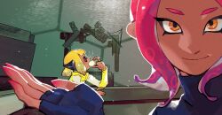 2girls agent_4_(splatoon) agent_8_(splatoon) behind-the-head_headphones blonde_hair blue_gloves blue_shirt closed_mouth colored_extremities commentary_request dark-skinned_female dark_skin fingerless_gloves gloves headphones highres inkling jacket korean_commentary leejijijii looking_at_viewer medium_hair multiple_girls nintendo octoling open_mouth orange_eyes parted_bangs pink_eyes pink_hair shirt smile splatoon_(series) splatoon_2 splatoon_2:_octo_expansion tentacle_hair turtleneck turtleneck_shirt yellow_jacket