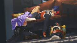 2girls absurdres belle_(zenless_zone_zero) blue_hair breasts brown_pantyhose closed_eyes couch dress drill_hair eous_(zenless_zone_zero) fingerless_gloves gloves hairband highres indoors jacket large_breasts long_hair long_sleeves lying multiple_girls on_couch pantyhose purple_hair skirt sleeping vivian_(zenless_zone_zero) yormund zenless_zone_zero