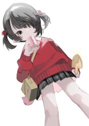 1girl aegyo_sal ame-chan_(needy_girl_overdose) bag black_eyes black_skirt can drink_can drinking from_below hair_ornament hair_over_one_eye highres holding holding_shovel looking_at_viewer mika3kami needy_girl_overdose red_sweater short_twintails shoulder_bag shovel skirt solo sweater twintails white_background