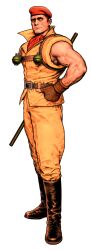 1boy absurdres ascot baton_(weapon) beret black_boots boots brown_gloves brown_shoes capcom capcom_vs_snk capcom_vs_snk_2 explosive facing_to_the_side final_fight fingerless_gloves game_cg gloves grenade hand_on_own_hip hat highres male_focus military military_uniform mori_toshiaki muscular non-web_source official_art red_ascot red_hat red_scarf rolento scar scar_on_face scarf shoes short_hair street_fighter veins veiny_arms veiny_face very_short_hair weapon white_background